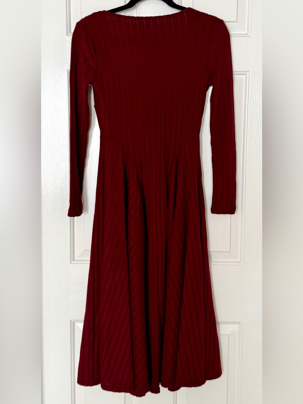 Halara Burgundy Ribbed Knit Fit & Flare Midi Dress Long Sleeve V-Neck XS - Picture 6 of 10